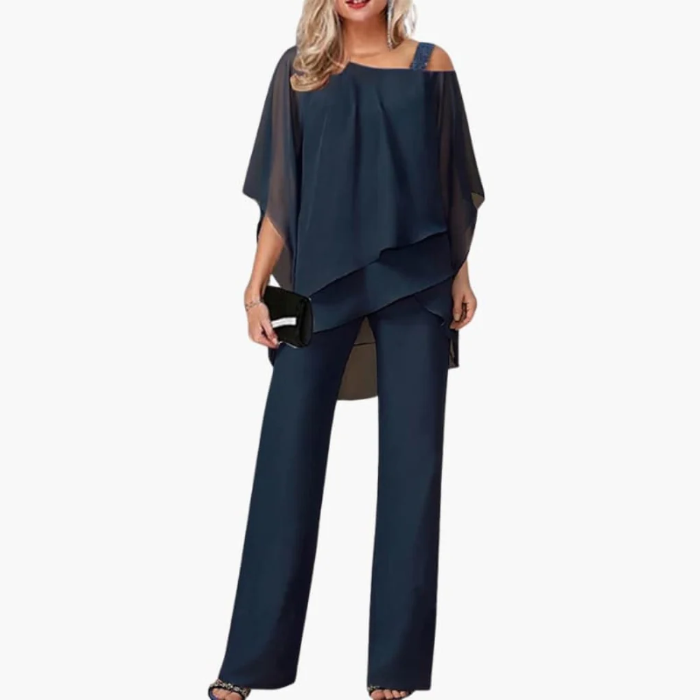 Ensemble Chiffon Épaules Dénudées Femme – Haut Élégant et Pantalon Large - Image 5