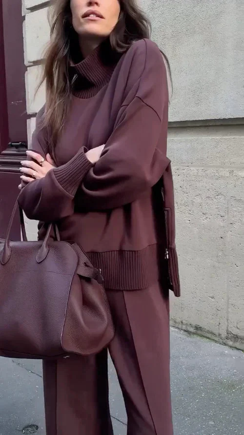 Ensemble de Loungewear Épais et Élégant pour Femme – Sweat Col Roulé et Pantalon Large - Image 2