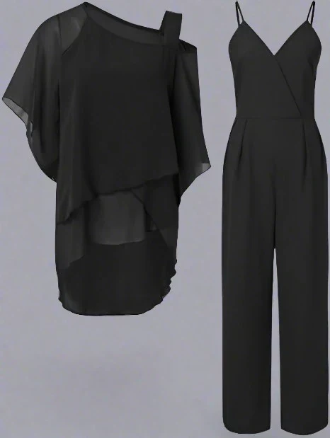 Ensemble de Luxe Femme Jumpsuit et Blouse Épaule Asymétrique en Mousseline – Tenue Élégante Légère Fluide Deux Pièces - Image 2