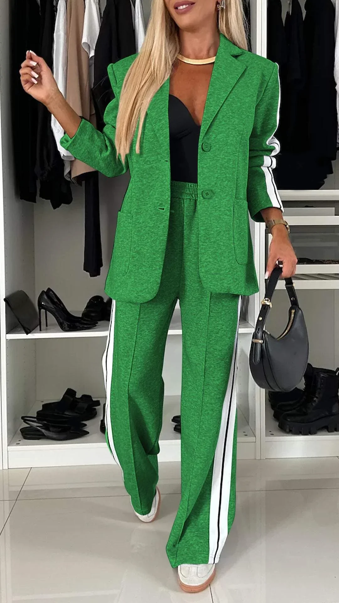 Ensemble Décontracté à Simple Boutonnage pour Femme – Veste Lâche à Rayures et Pantalon Large - Image 10