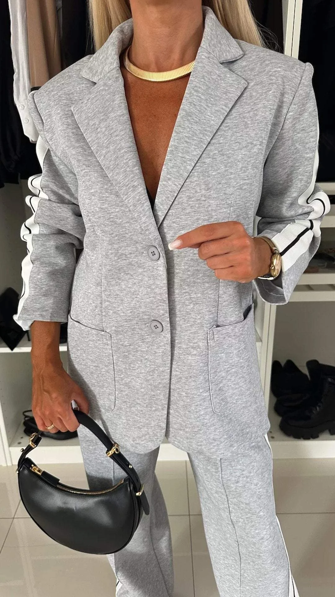 Ensemble Décontracté à Simple Boutonnage pour Femme – Veste Lâche à Rayures et Pantalon Large - Image 3