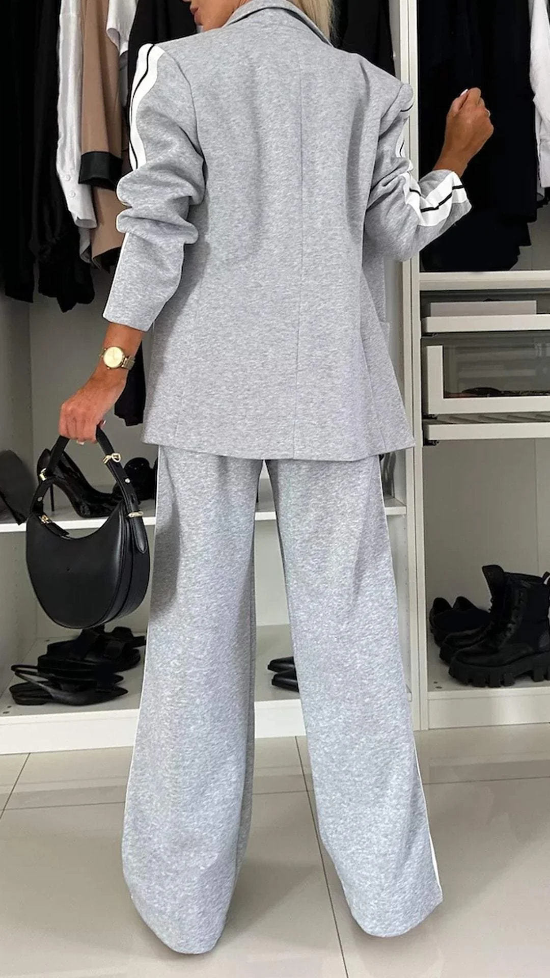Ensemble Décontracté à Simple Boutonnage pour Femme – Veste Lâche à Rayures et Pantalon Large - Image 4