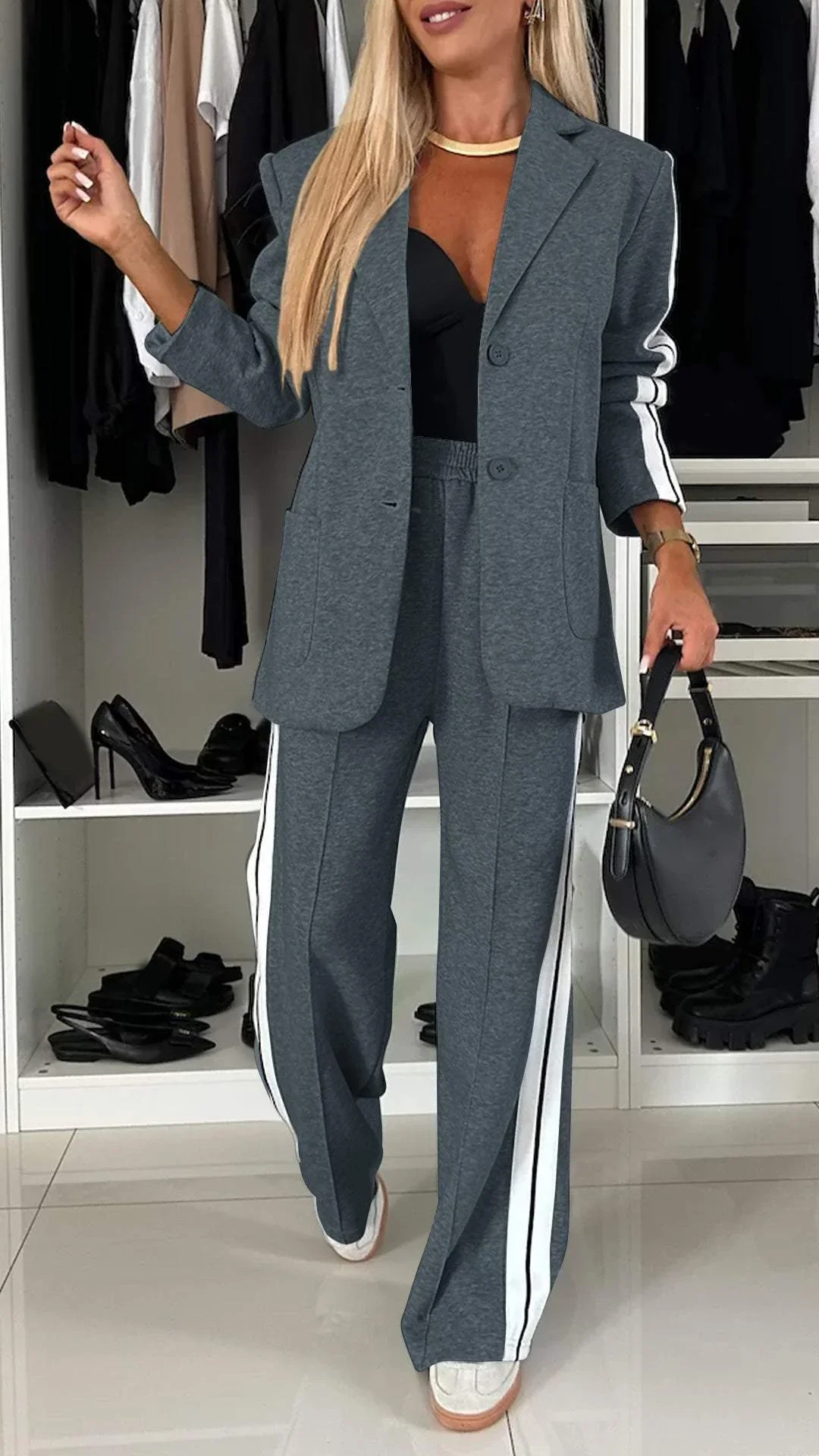 Ensemble Décontracté à Simple Boutonnage pour Femme – Veste Lâche à Rayures et Pantalon Large - Image 5