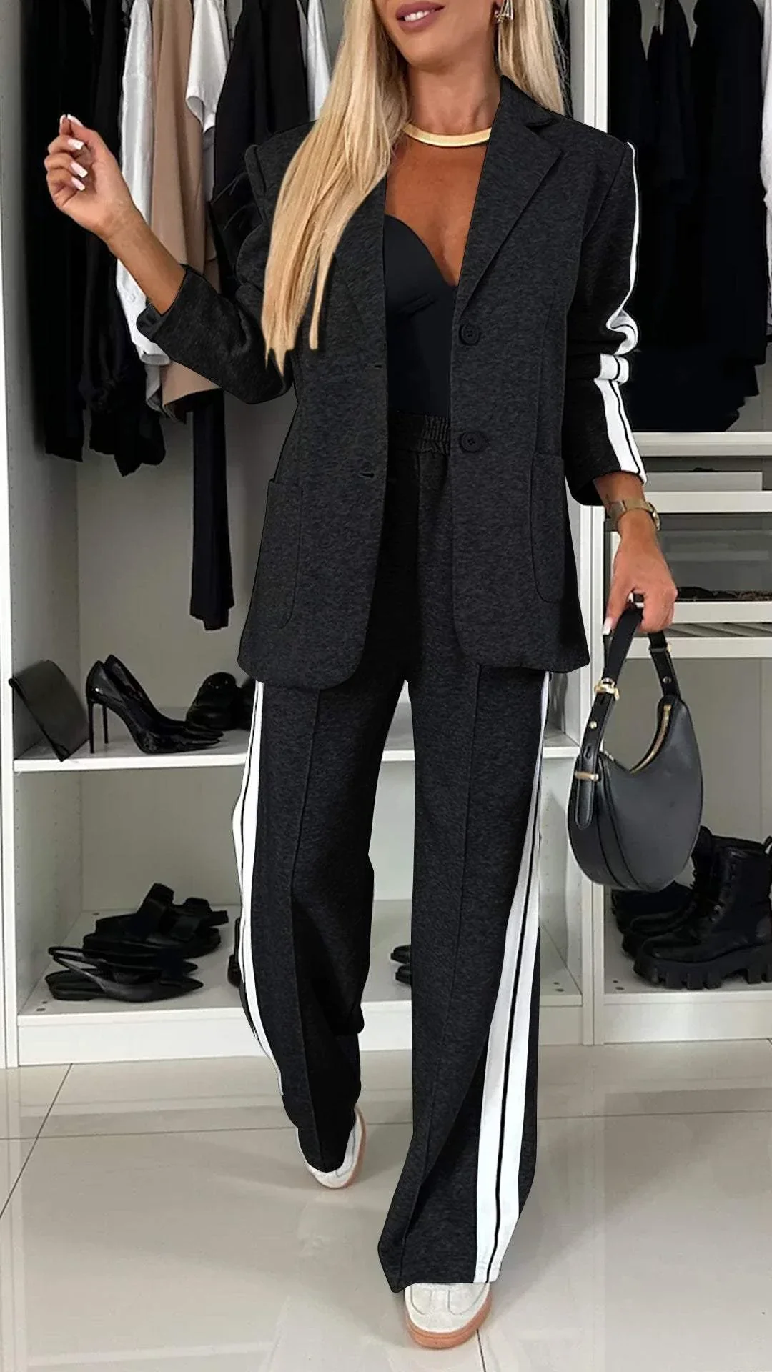 Ensemble Décontracté à Simple Boutonnage pour Femme – Veste Lâche à Rayures et Pantalon Large - Image 6