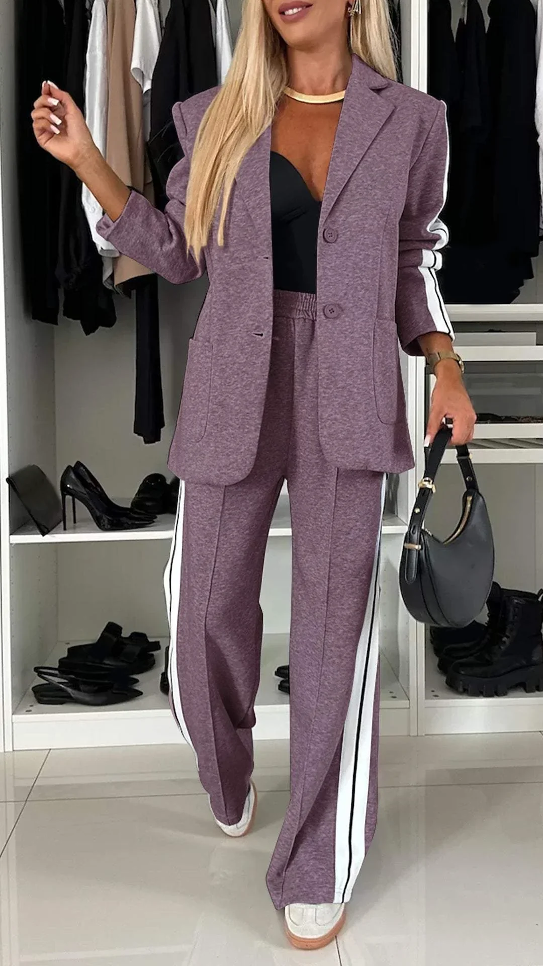 Ensemble Décontracté à Simple Boutonnage pour Femme – Veste Lâche à Rayures et Pantalon Large - Image 8