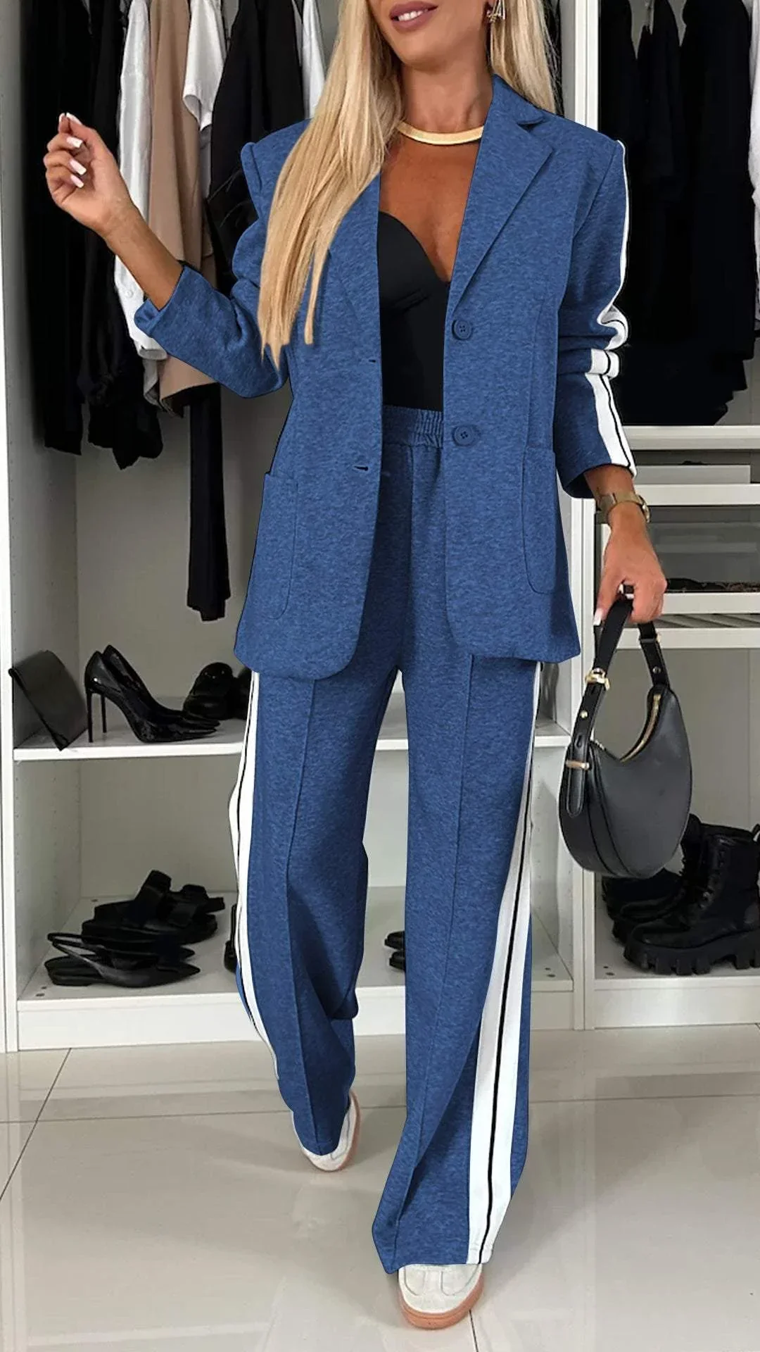 Ensemble Décontracté à Simple Boutonnage pour Femme – Veste Lâche à Rayures et Pantalon Large - Image 9