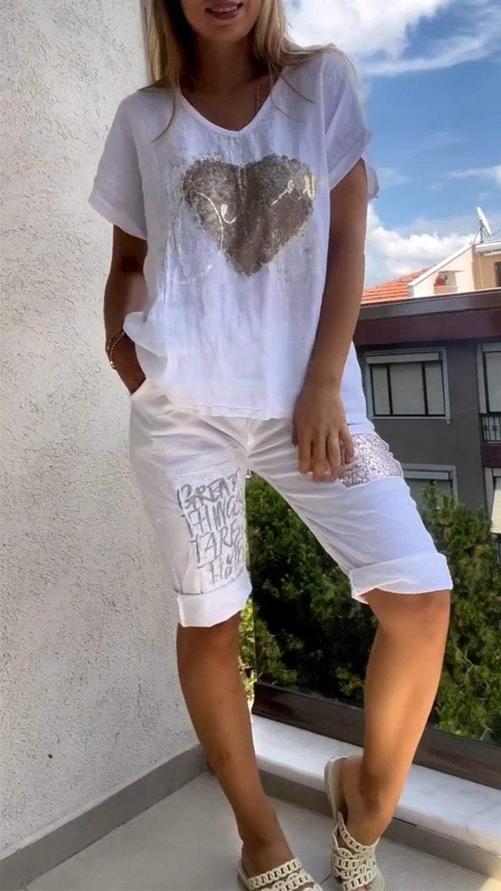 Ensemble Décontracté Deux Pièces à Décolleté en V avec Embossage Doré pour Femme - Image 2
