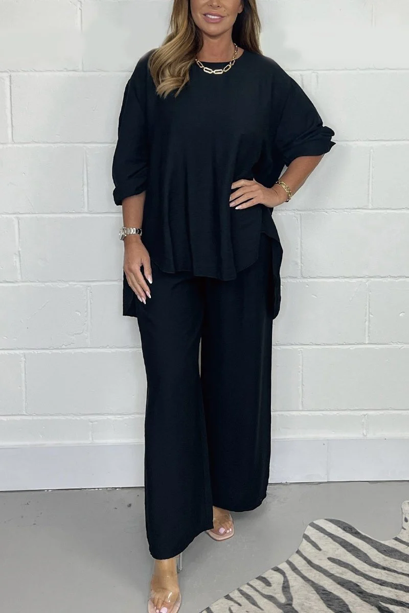 Ensemble Deux Pièces Bohème Élégant Femme – Haut Manches Courtes et Pantalon Taille Haute - Image 4