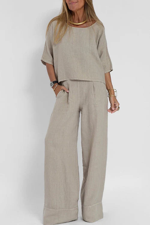 Ensemble deux pièces décontracté en coton-lin pour femme – Tenue quotidienne coupe ample