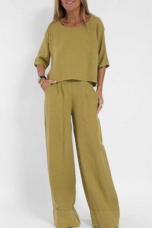Ensemble deux pièces décontracté en coton-lin pour femme – Tenue quotidienne coupe ample - Image 2