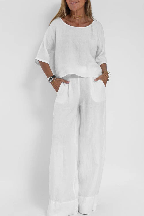Ensemble deux pièces décontracté en coton-lin pour femme – Tenue quotidienne coupe ample - Image 3