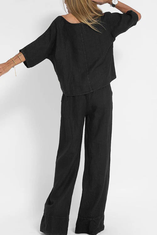 Ensemble deux pièces décontracté en coton-lin pour femme – Tenue quotidienne coupe ample - Image 5