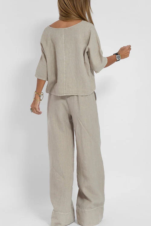Ensemble deux pièces décontracté en coton-lin pour femme – Tenue quotidienne coupe ample - Image 7
