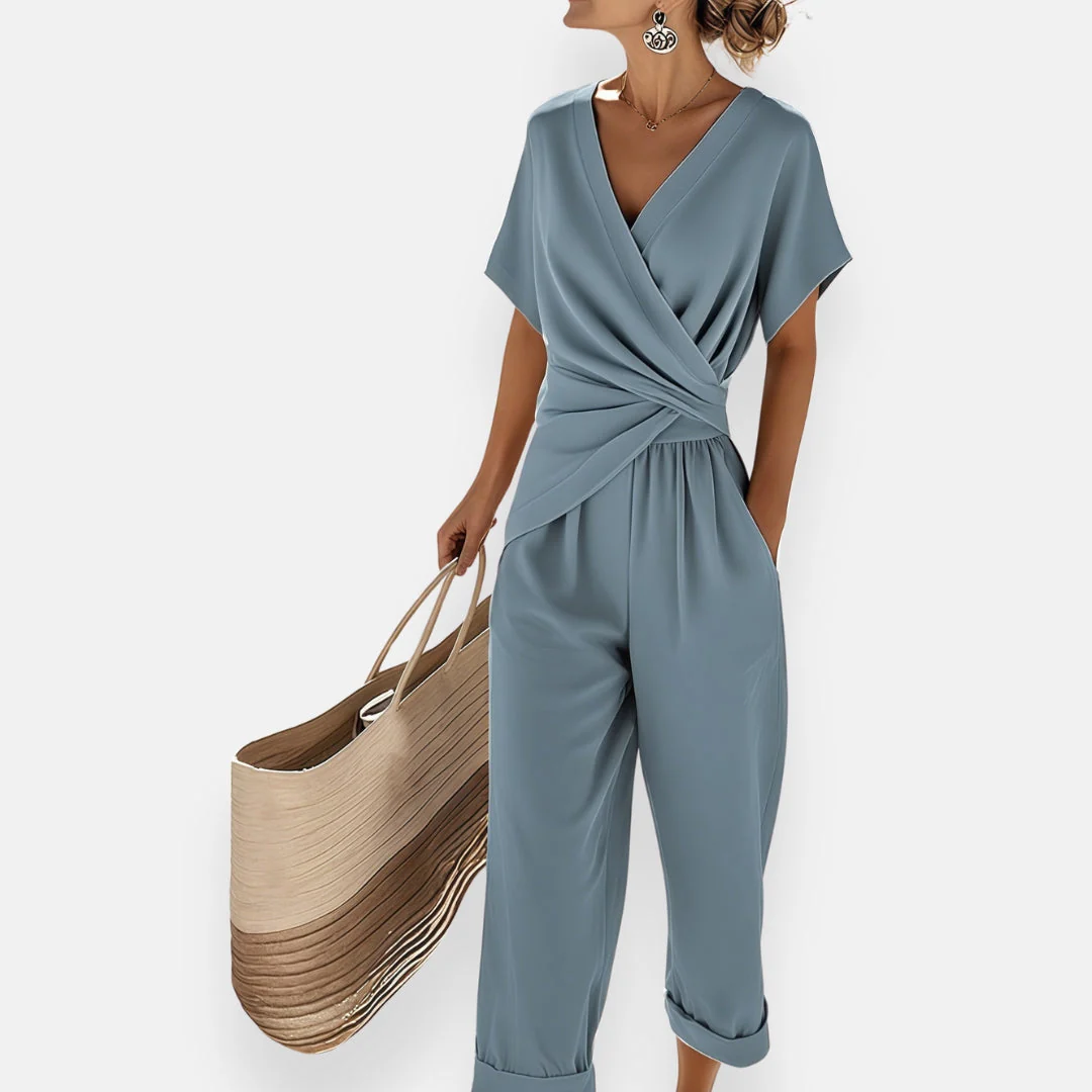 Ensemble Deux Pièces Élégant Femme – Haut Manches Courtes et Pantalon Court avec Nœud Drapé