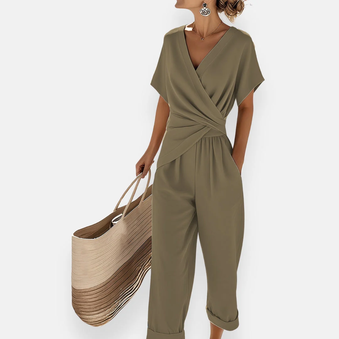 Ensemble Deux Pièces Élégant Femme – Haut Manches Courtes et Pantalon Court avec Nœud Drapé - Image 2