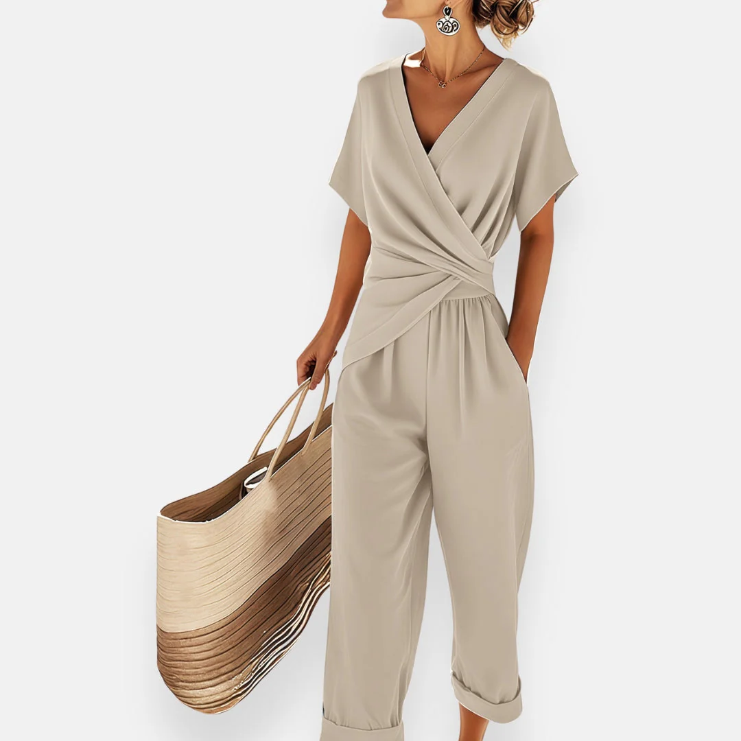 Ensemble Deux Pièces Élégant Femme – Haut Manches Courtes et Pantalon Court avec Nœud Drapé - Image 3