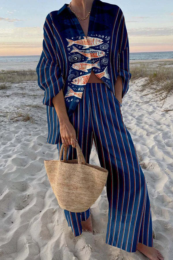 Ensemble Deux Pièces en Lin Femme – Chemise Manches Longues Imprimé Koi Bleu et Pantalon Large