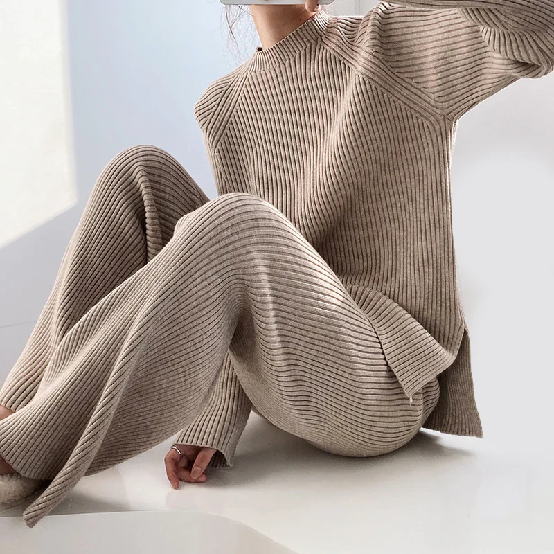 Ensemble Deux-Pièces en Maille Côtelée pour Femme – Pull Confortable & Pantalon Large
