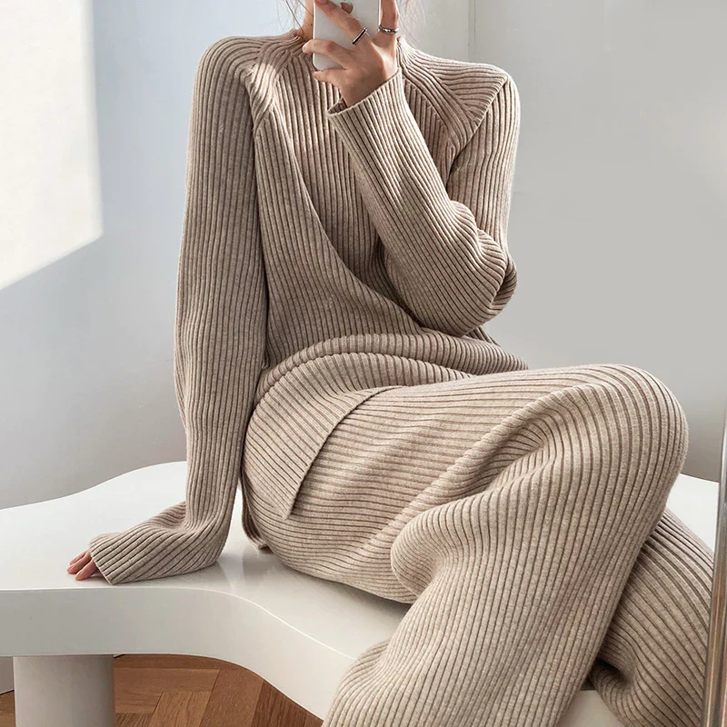 Ensemble Deux-Pièces en Maille Côtelée pour Femme – Pull Confortable & Pantalon Large - Image 2