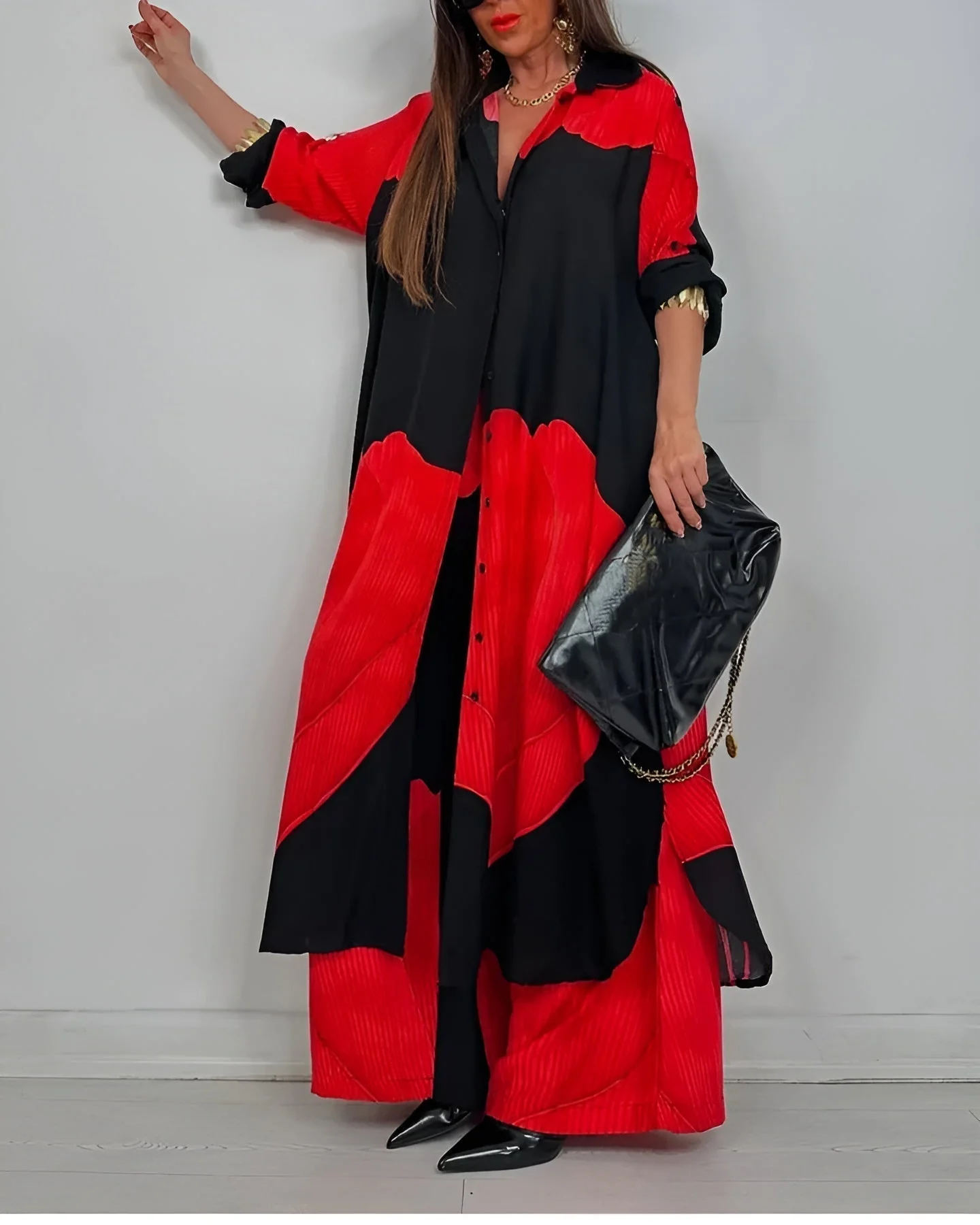 Ensemble deux pièces femme – Chemise boutonnée à col et pantalon large taille haute coordonné - Image 2