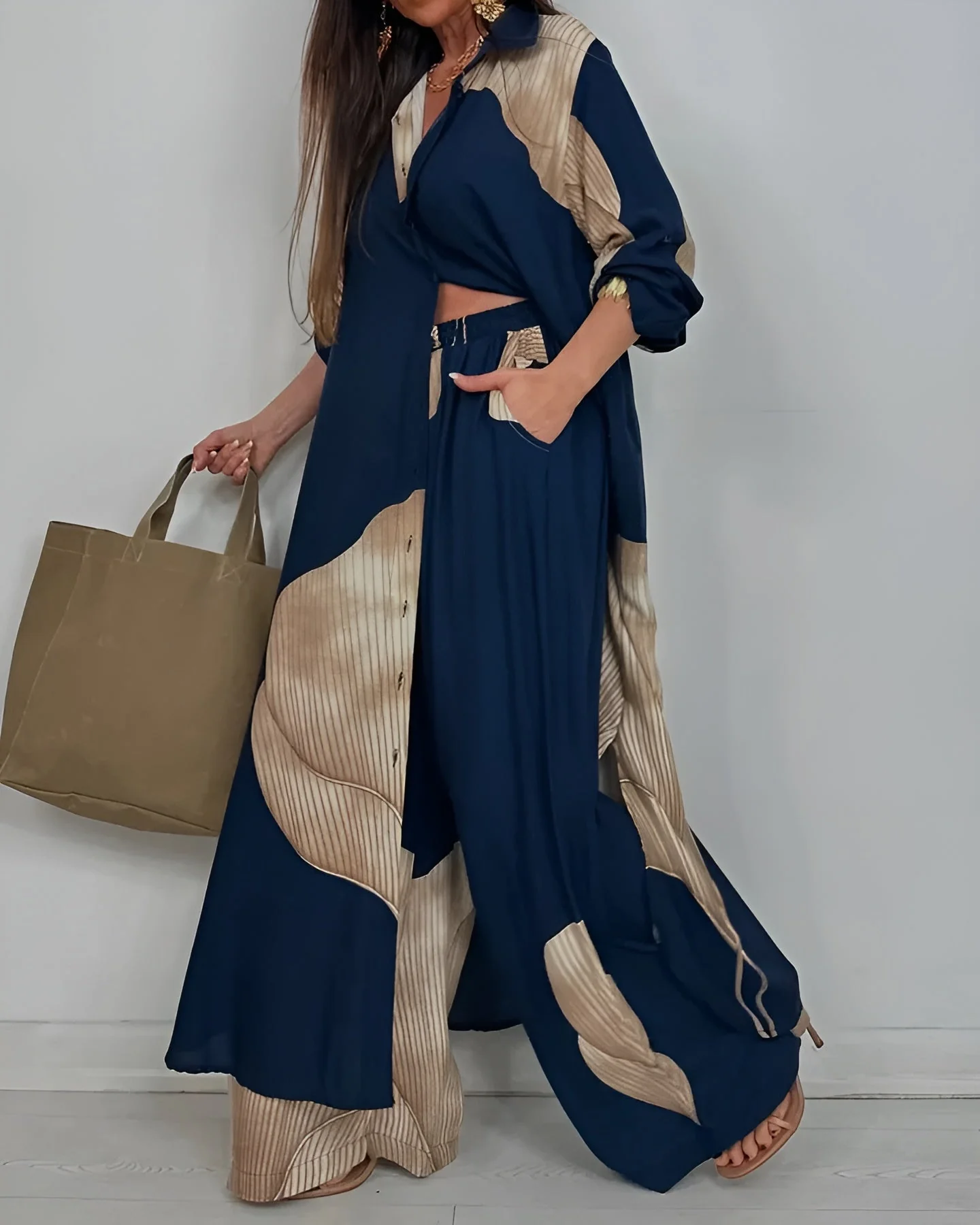 Ensemble deux pièces femme – Chemise boutonnée à col et pantalon large taille haute coordonné - Image 6