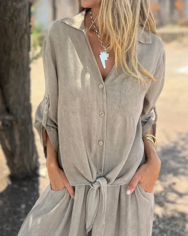 Ensemble Deux-Pièces Femme Décontracté et Tendance – Chemise à Manches et Pantalon Large Confortable - Image 5