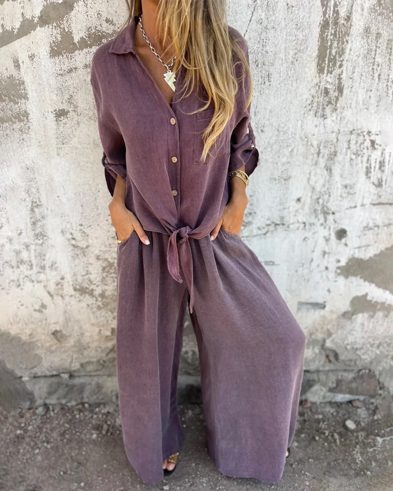 Ensemble Deux-Pièces Femme Décontracté et Tendance – Chemise à Manches et Pantalon Large Confortable - Image 7