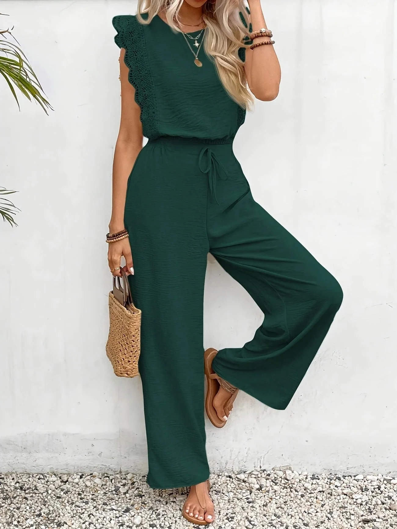 Ensemble Deux Pièces Femme – Haut à Manches Courtes avec Dentelle et Pantalon Large Taille Haute - Image 3