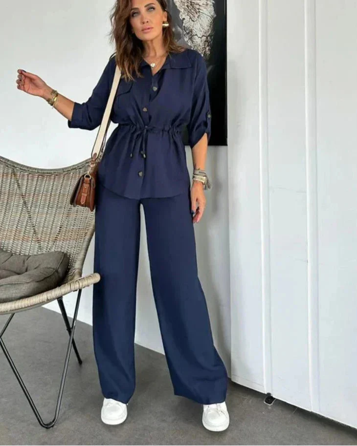 Ensemble deux pièces léger et élégant femme – Haut ajustable à nouer et pantalon large, confort au quotidien - Image 3