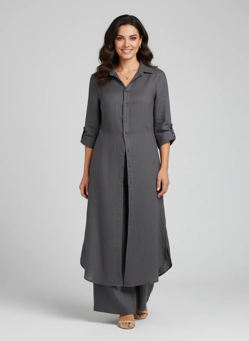 Ensemble en lin femme avec blouse longue et pantalon large - Leger et elegant - Image 2