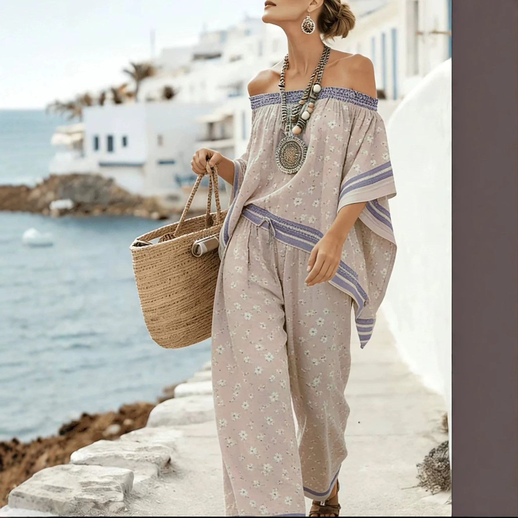 Ensemble femme asymetrique top epaule denudee et pantalon large taille haute - Moderne et chic - Image 3