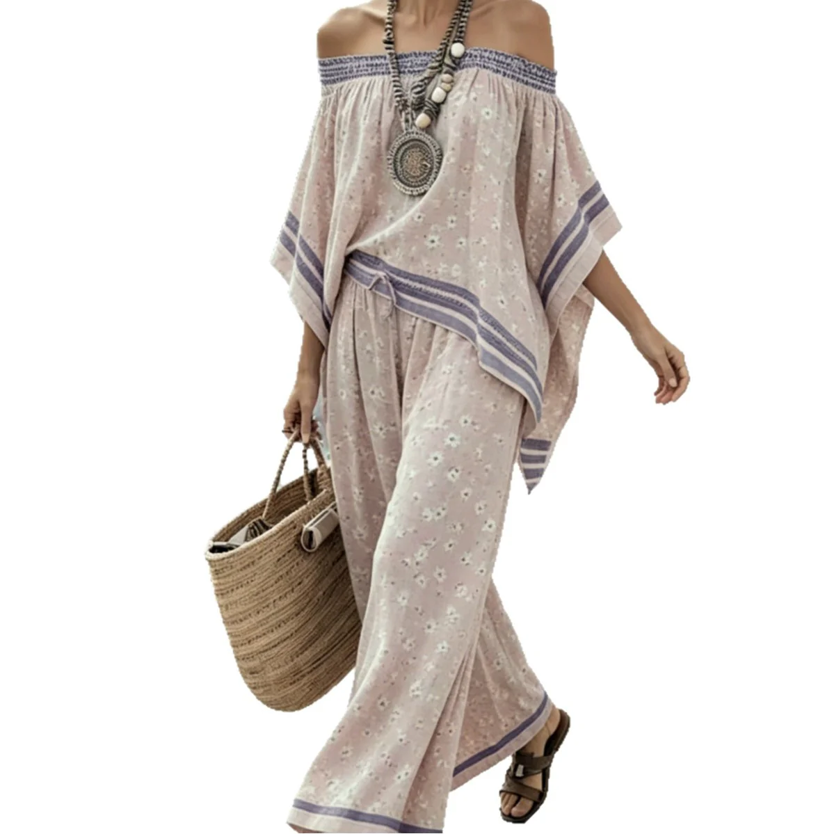 Ensemble femme asymetrique top epaule denudee et pantalon large taille haute - Moderne et chic - Image 5