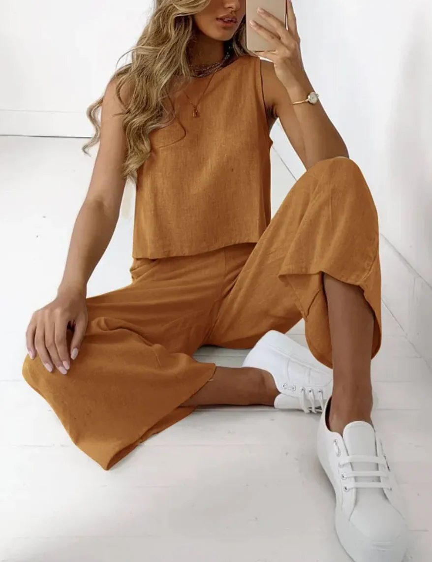 Ensemble Femme Décontracté à Deux Pièces – Haut Sans Manches et Pantalon Droit Tenue d’Été - Image 9