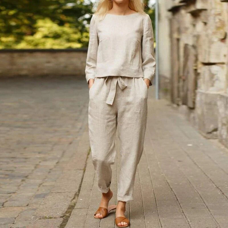 Ensemble Femme Deux Pièces en Coton – Blouse Manches Longues Élégante et Pantalon Taille Haute Relaxé – Respirant, Doux et Confortable au Quotidien