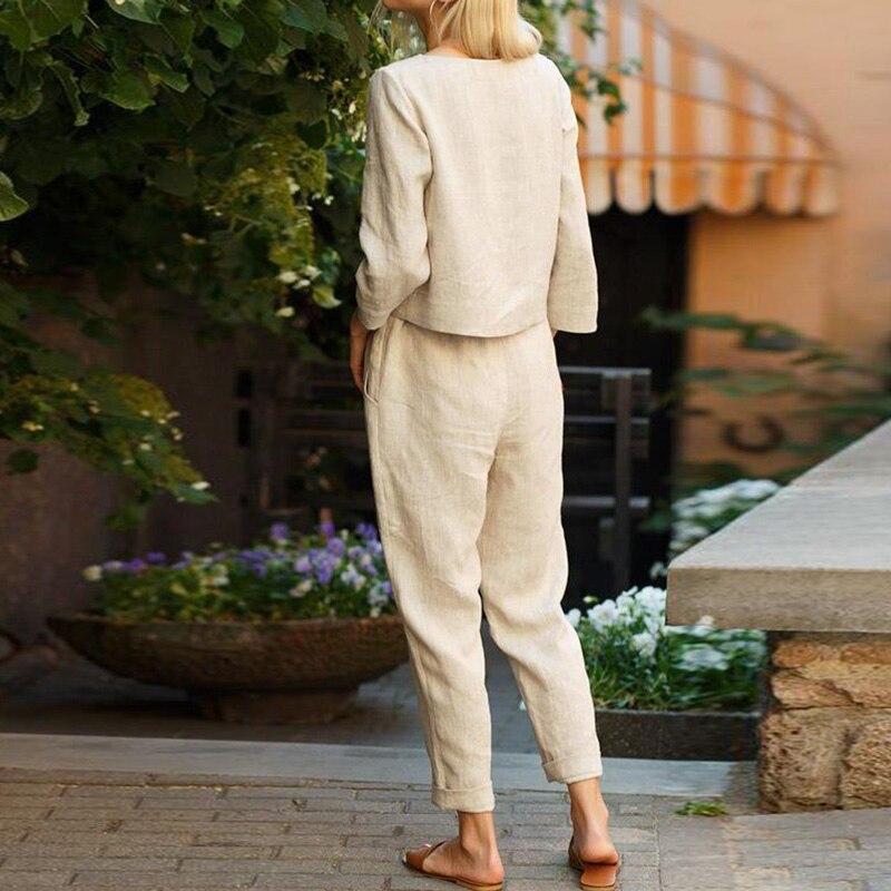 Ensemble Femme Deux Pièces en Coton – Blouse Manches Longues Élégante et Pantalon Taille Haute Relaxé – Respirant, Doux et Confortable au Quotidien - Image 2