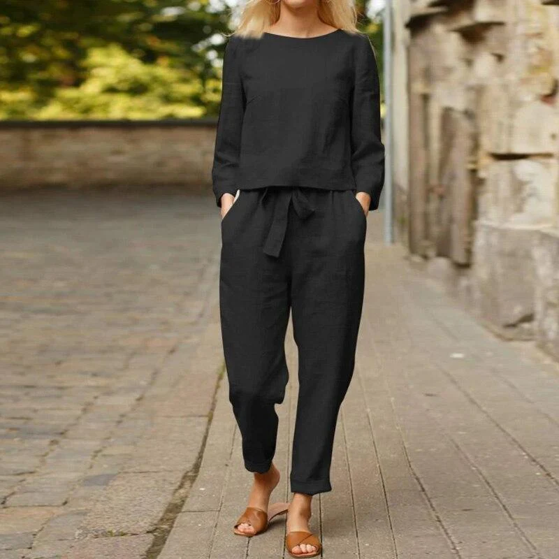 Ensemble Femme Deux Pièces en Coton – Blouse Manches Longues Élégante et Pantalon Taille Haute Relaxé – Respirant, Doux et Confortable au Quotidien - Image 6