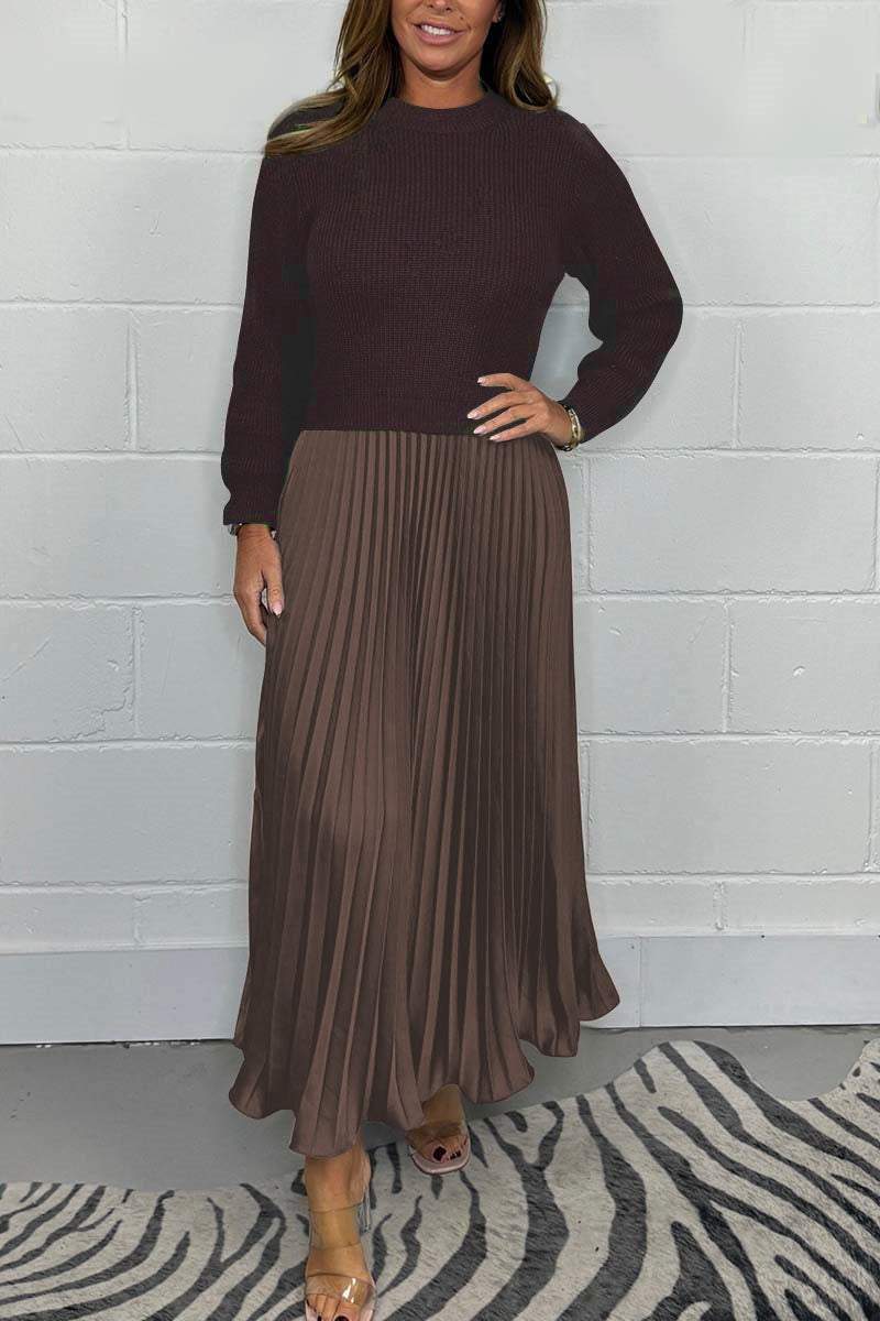 Ensemble femme élégant – Pull en maille et jupe plissée satinée deux pièces - Image 3