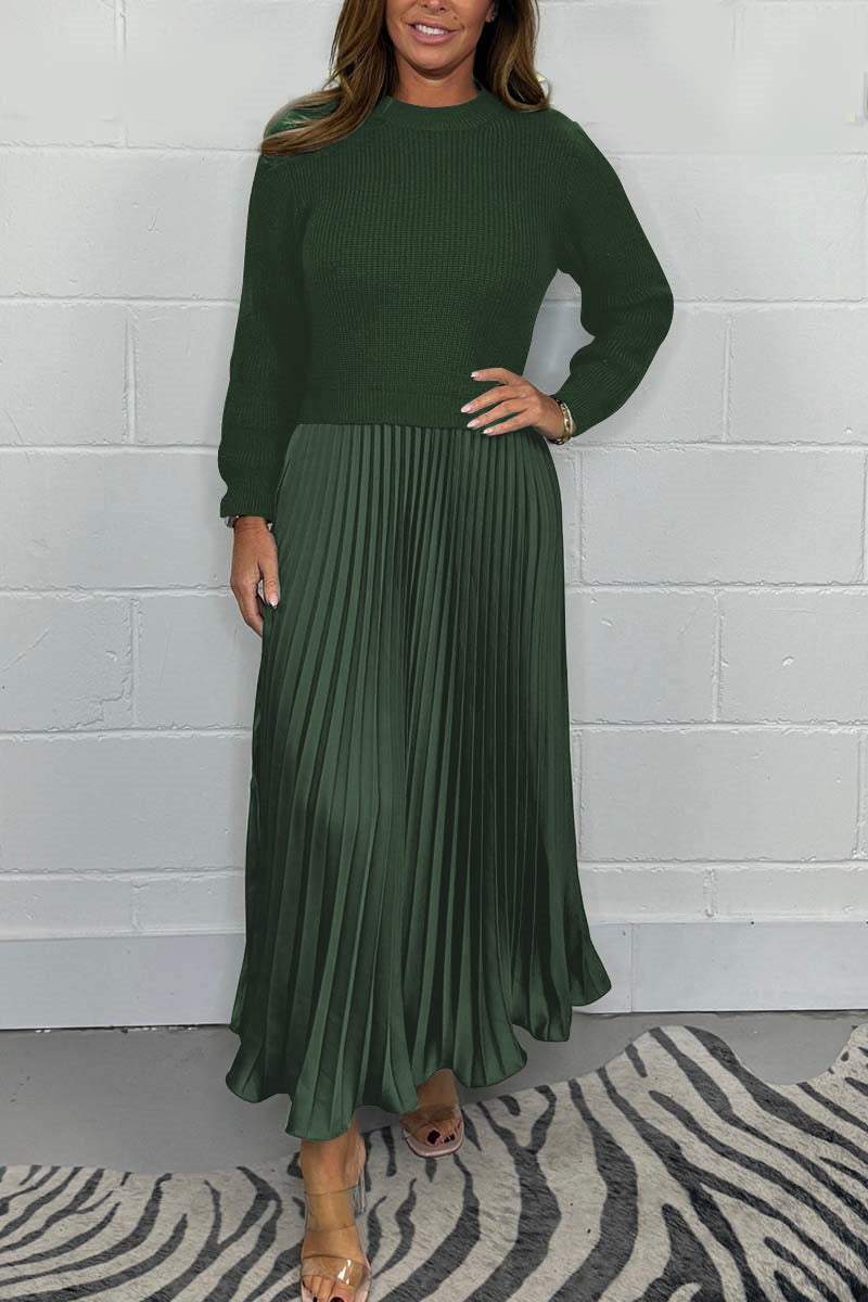 Ensemble femme élégant – Pull en maille et jupe plissée satinée deux pièces - Image 5