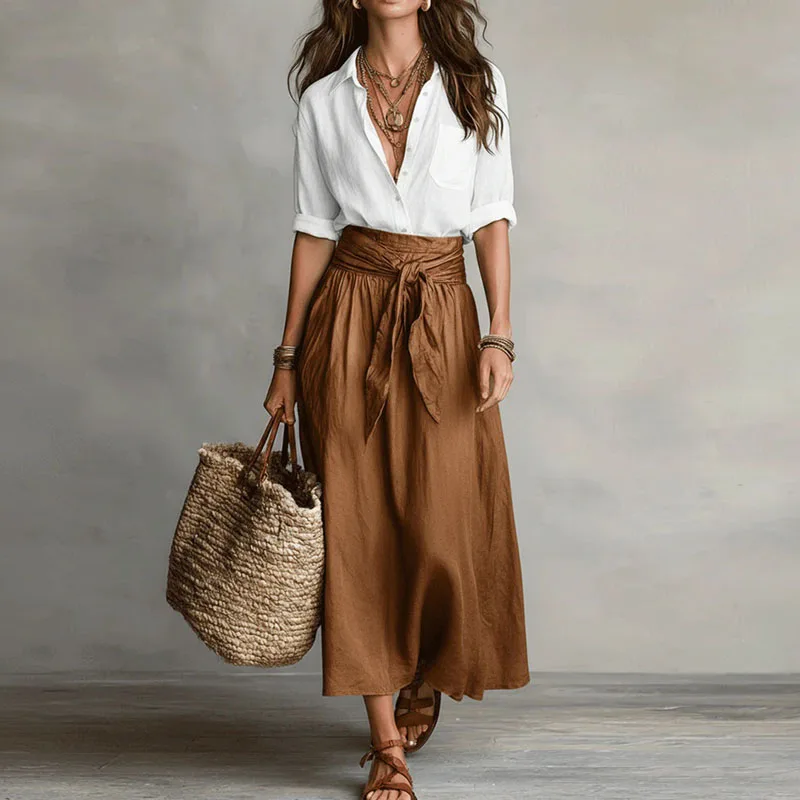 Ensemble femme en lin avec ceinture a nouer et jupe ample - Chic et estival - Image 2