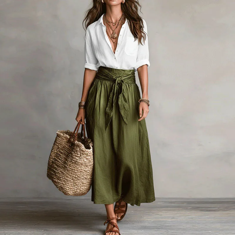 Ensemble femme en lin avec ceinture a nouer et jupe ample - Chic et estival - Image 3