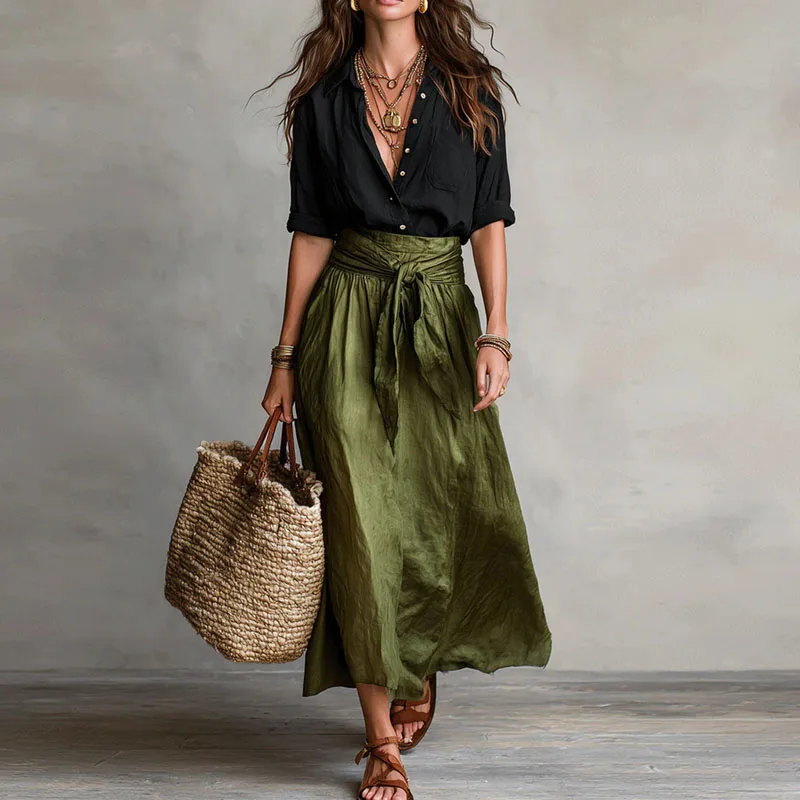 Ensemble femme en lin avec ceinture a nouer et jupe ample - Chic et estival - Image 4