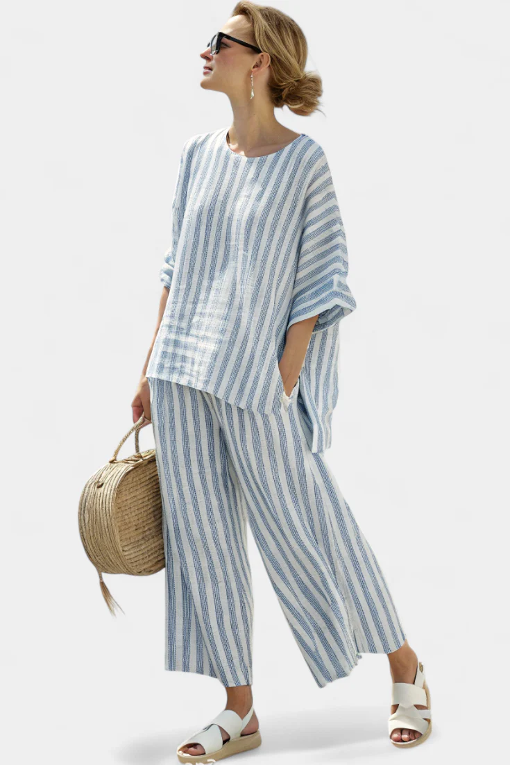 Ensemble femme en lin raye bleu - Haut leger et pantalon ample - Image 4