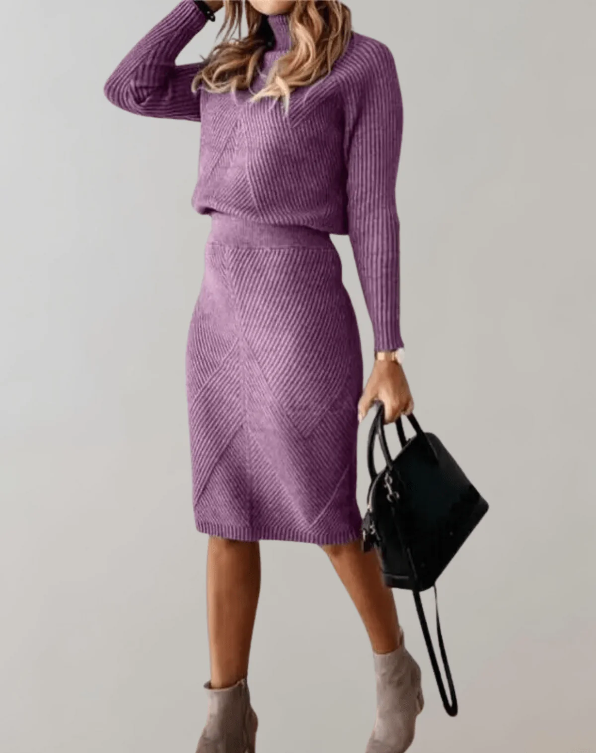 Ensemble Femme en Tricot Côtelé – Pull Col Roulé avec Jupe Ajustée - Image 5