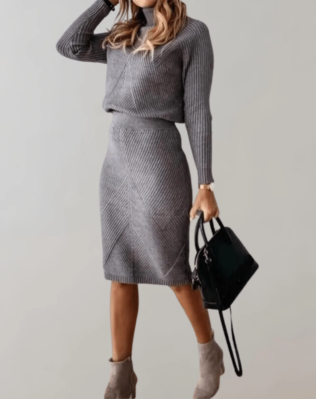 Ensemble Femme en Tricot Côtelé – Pull Col Roulé avec Jupe Ajustée - Image 6