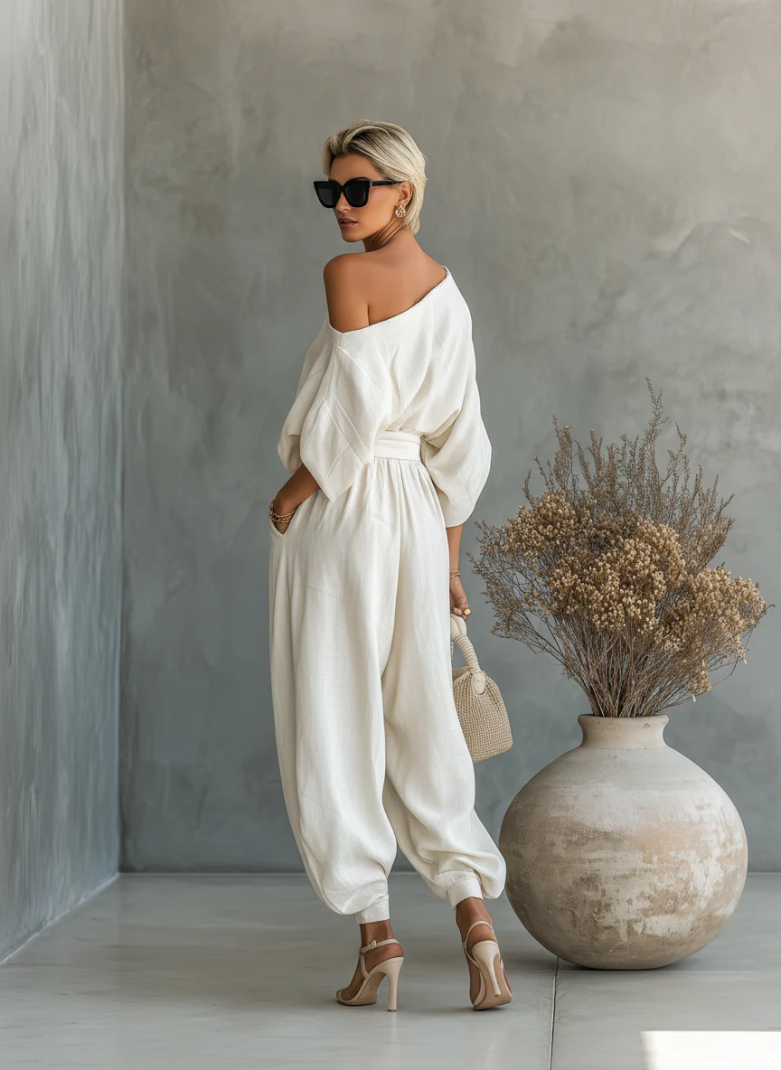 Ensemble femme épaules dénudées et pantalon fuselé – Léger et chic - Image 5