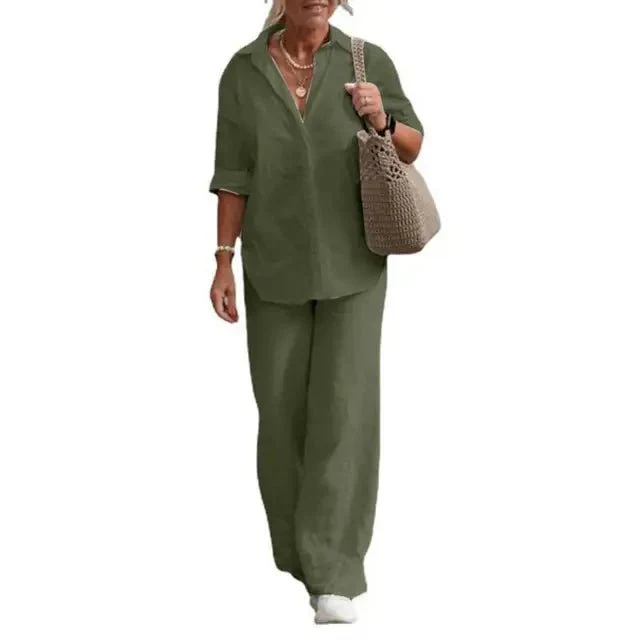 Ensemble Femme Lin Décontracté Élégant Manches Courtes Chemisier Boutonné – Haut Respirant et Pantalon Large – Tenue Légère d’Été - Image 10