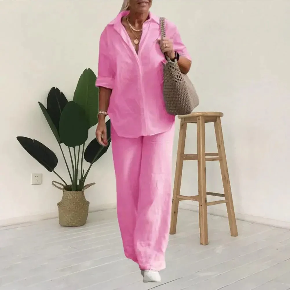 Ensemble Femme Lin Décontracté Élégant Manches Courtes Chemisier Boutonné – Haut Respirant et Pantalon Large – Tenue Légère d’Été - Image 4