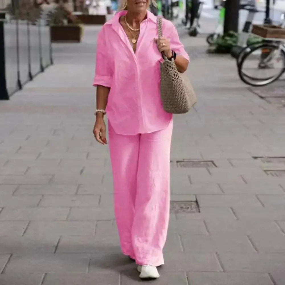 Ensemble Femme Lin Décontracté Élégant Manches Courtes Chemisier Boutonné – Haut Respirant et Pantalon Large – Tenue Légère d’Été - Image 5