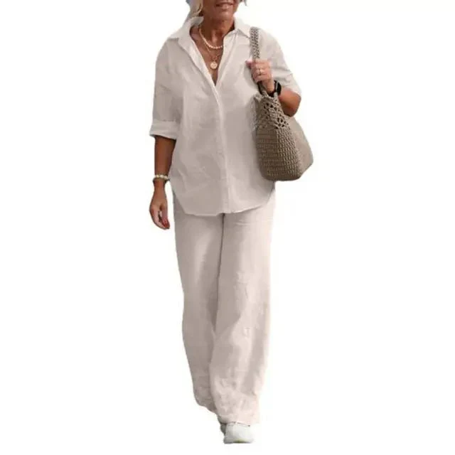Ensemble Femme Lin Décontracté Élégant Manches Courtes Chemisier Boutonné – Haut Respirant et Pantalon Large – Tenue Légère d’Été - Image 6