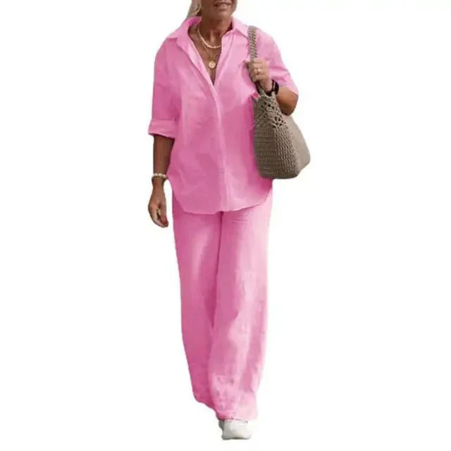 Ensemble Femme Lin Décontracté Élégant Manches Courtes Chemisier Boutonné – Haut Respirant et Pantalon Large – Tenue Légère d’Été - Image 7